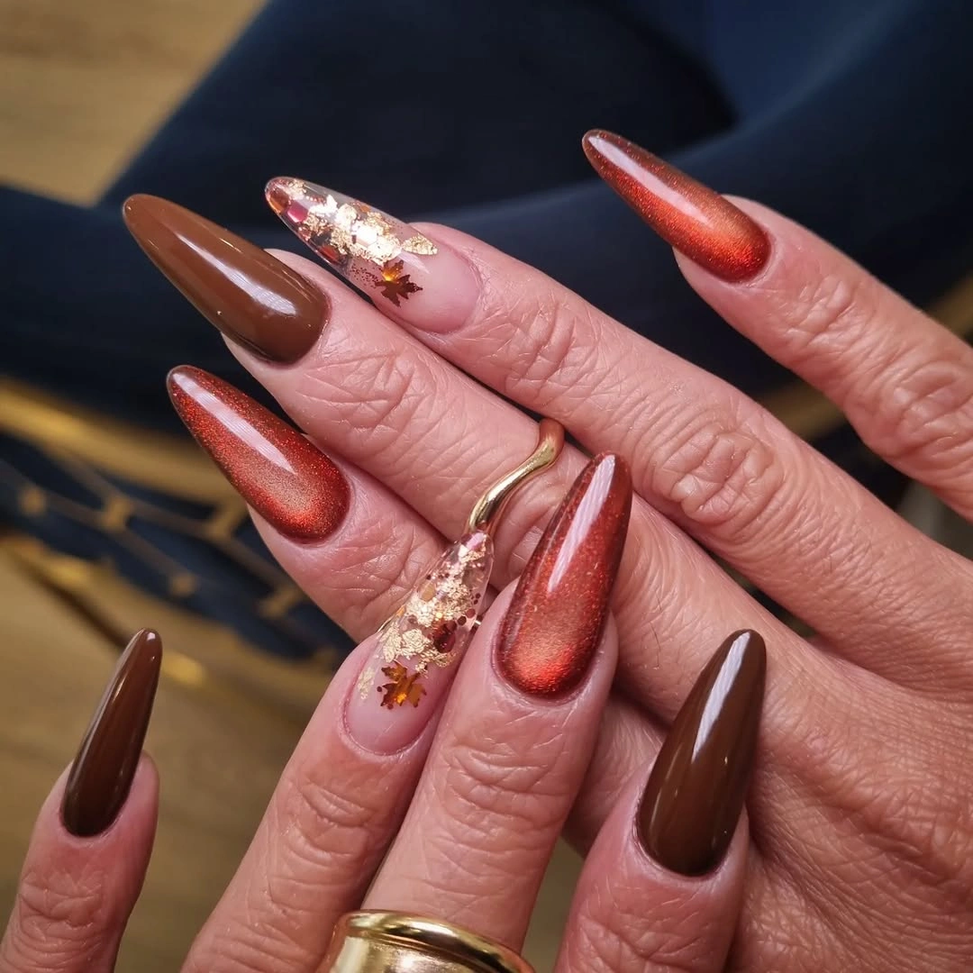 trendy fall acrylic nails 2026 Metallic Cinnamon Chrome for Long Almond Nails