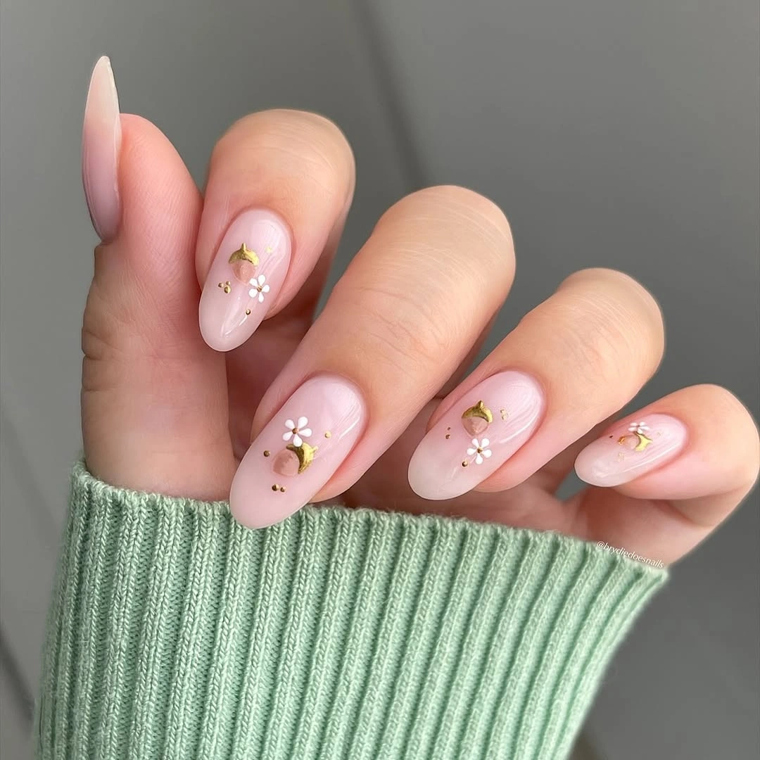 trendy fall acrylic nails 2026 Soft Pink Florals with Delicate Golden Accents
