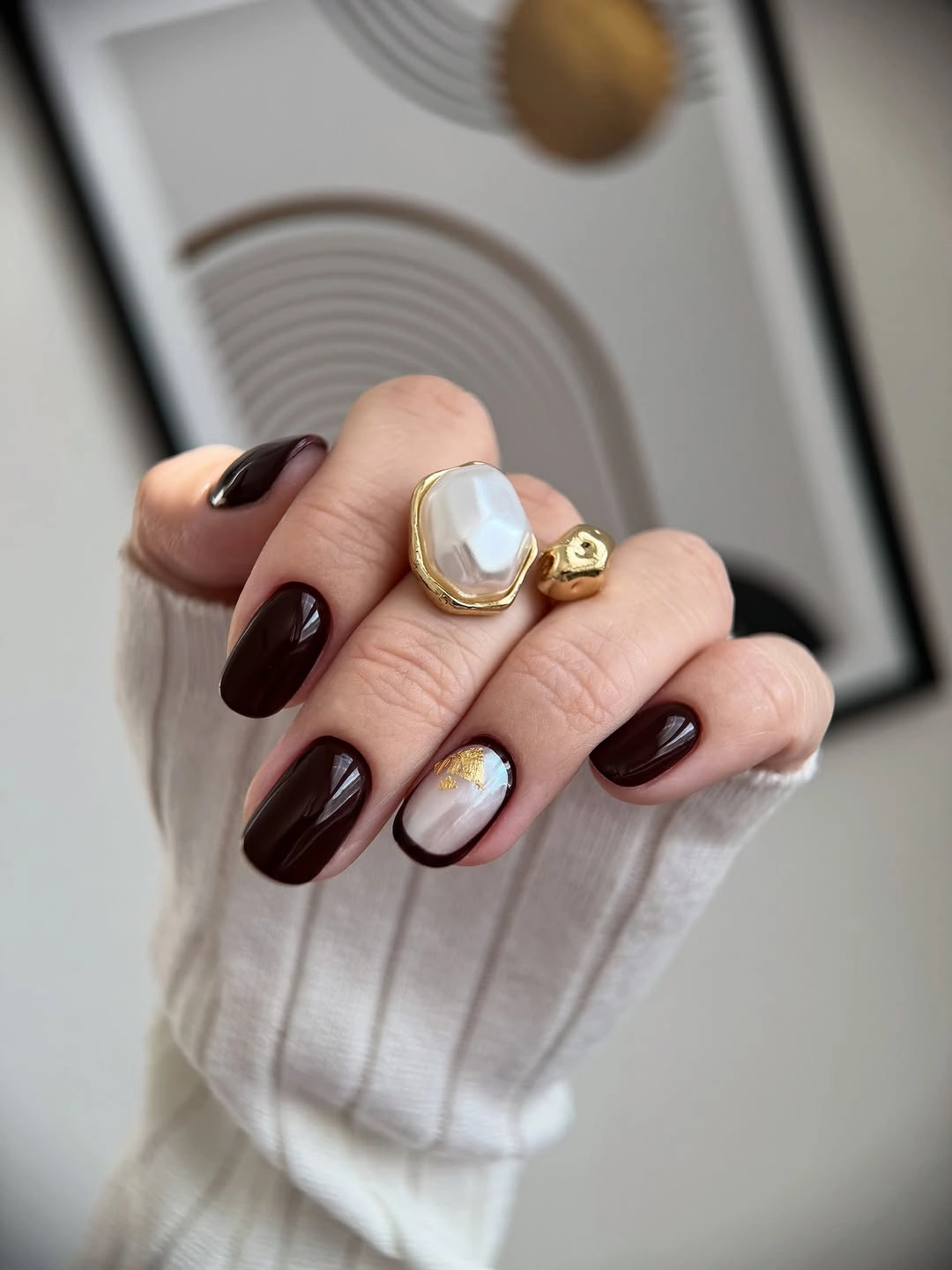 trendy fall acrylic nails 2026 Deep Espresso Short Nails with Pearl Accent