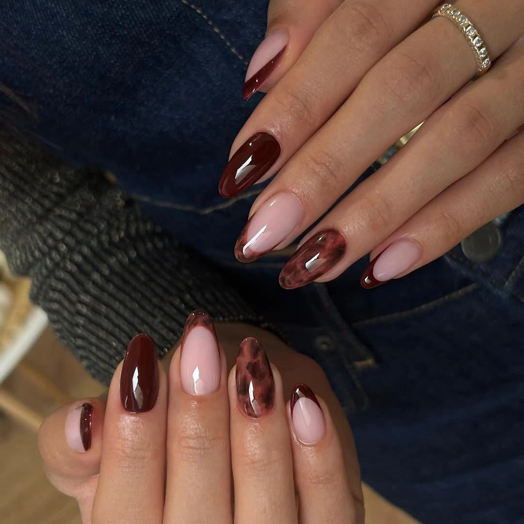 trendy fall acrylic nails 2026 Glossy Chocolate Brown Acrylic Nails With Smoky French Tips