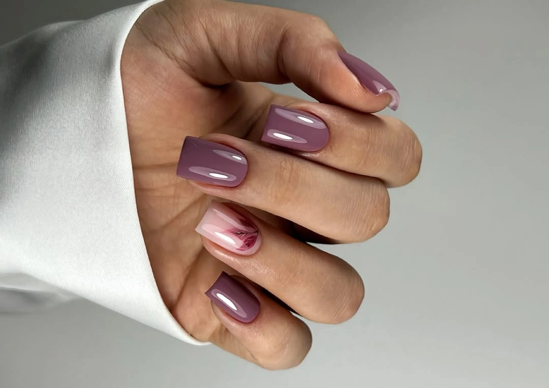 trendy fall acrylic nails 2026 Muted Mauve Square Acrylic Nails With Delicate Floral Detail