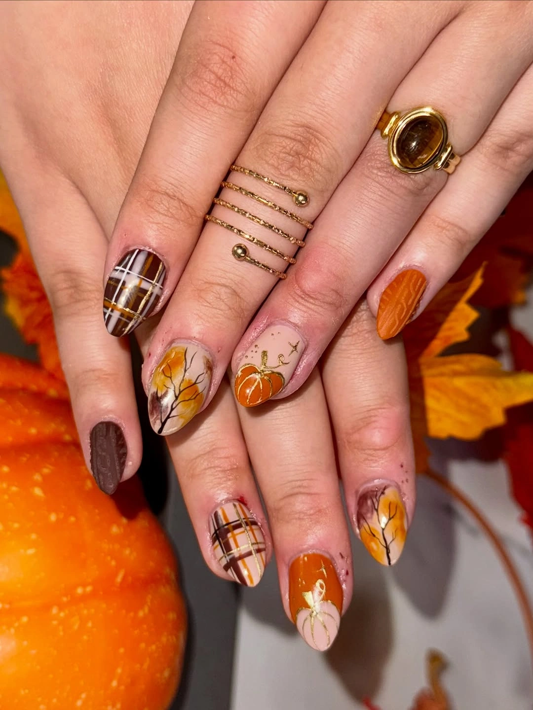 trendy fall acrylic nails 2026 Classic Autumn Art With Pumpkins Plaid And Falling Leaves