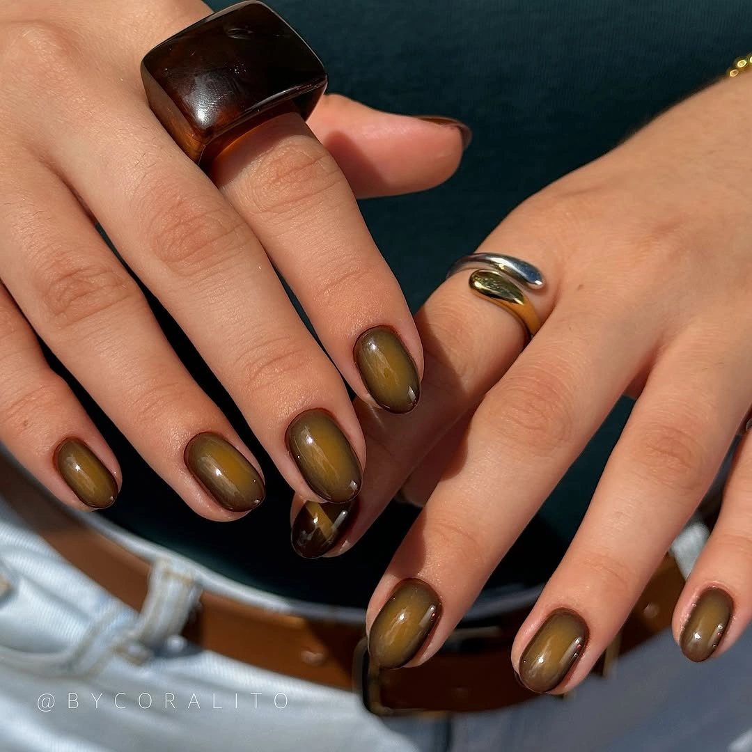 trendy fall acrylic nails 2026 Olive Brown Aura Acrylic Nails