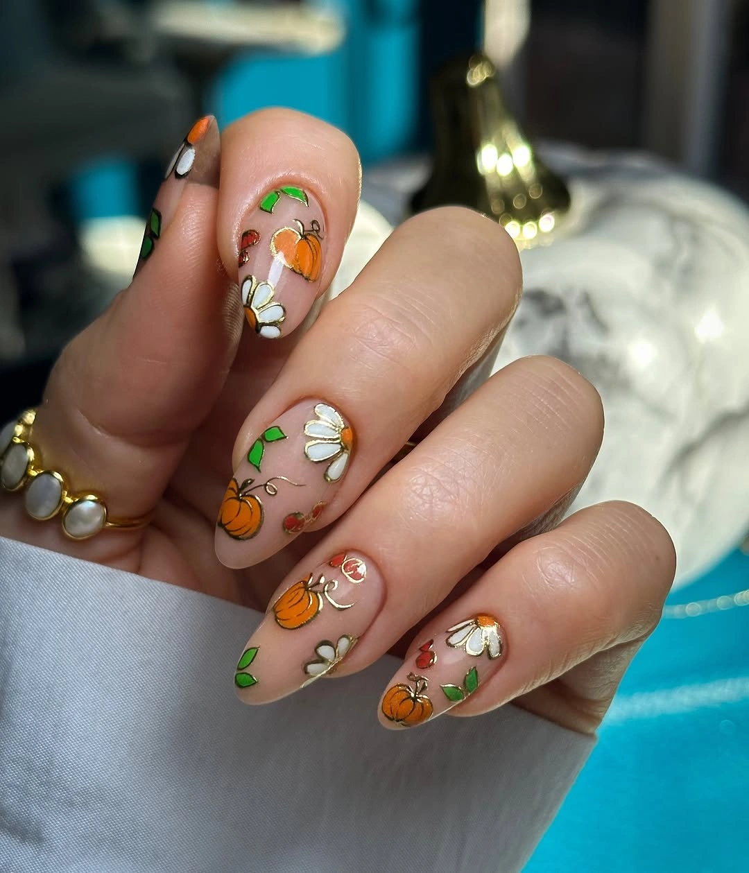 trendy fall acrylic nails 2026 Cute Pumpkin And Daisy Fall Nails