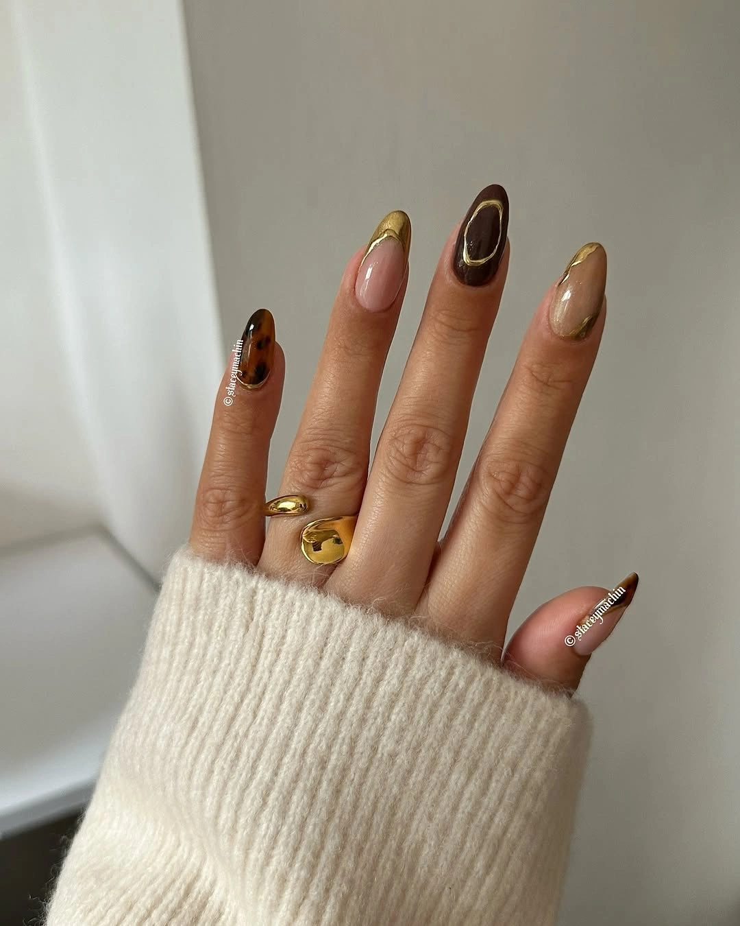 trendy fall acrylic nails 2026 Gold Chrome French With Tortoiseshell Details