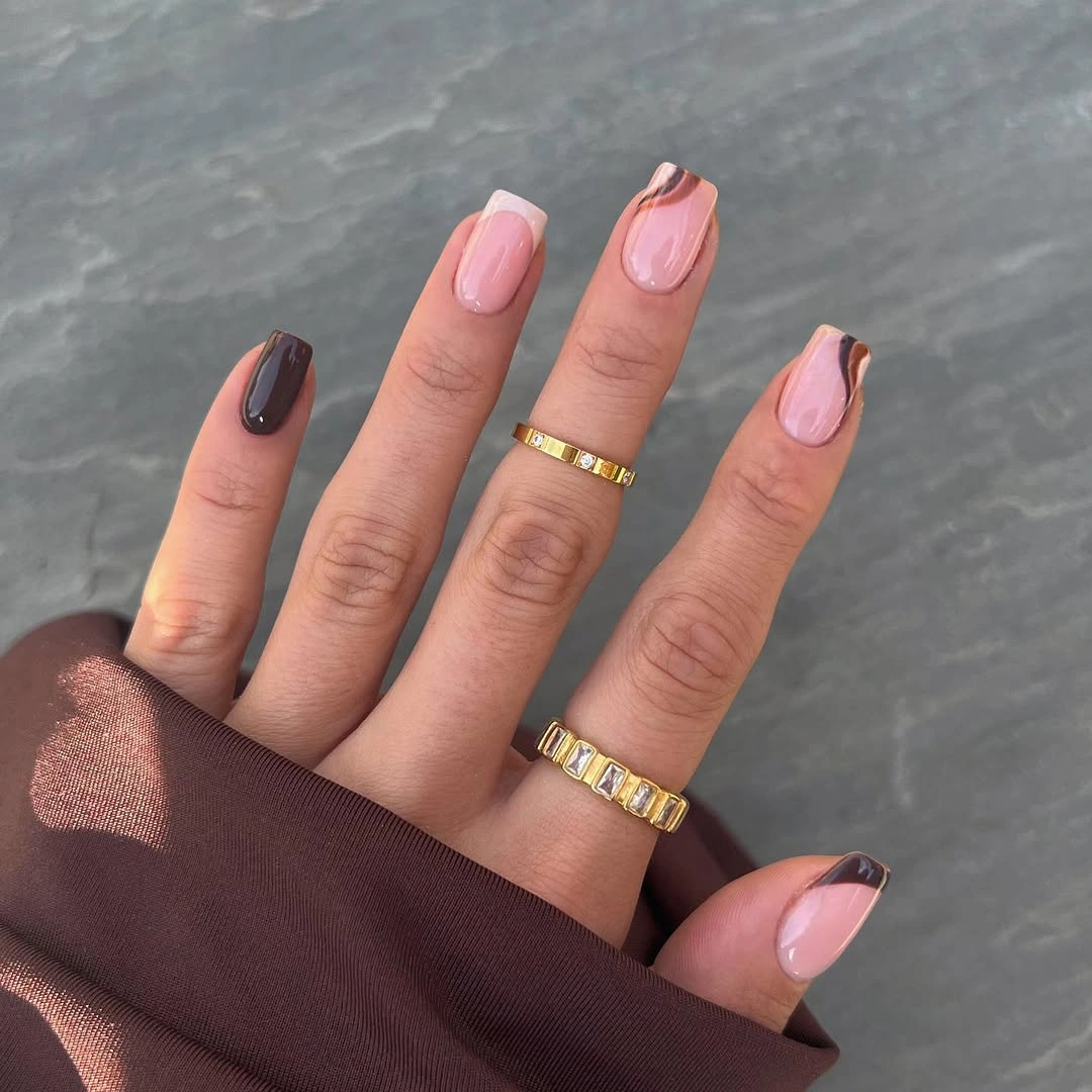 trendy fall acrylic nails 2026 Chocolate French Tips For Short Square Acrylic Nails