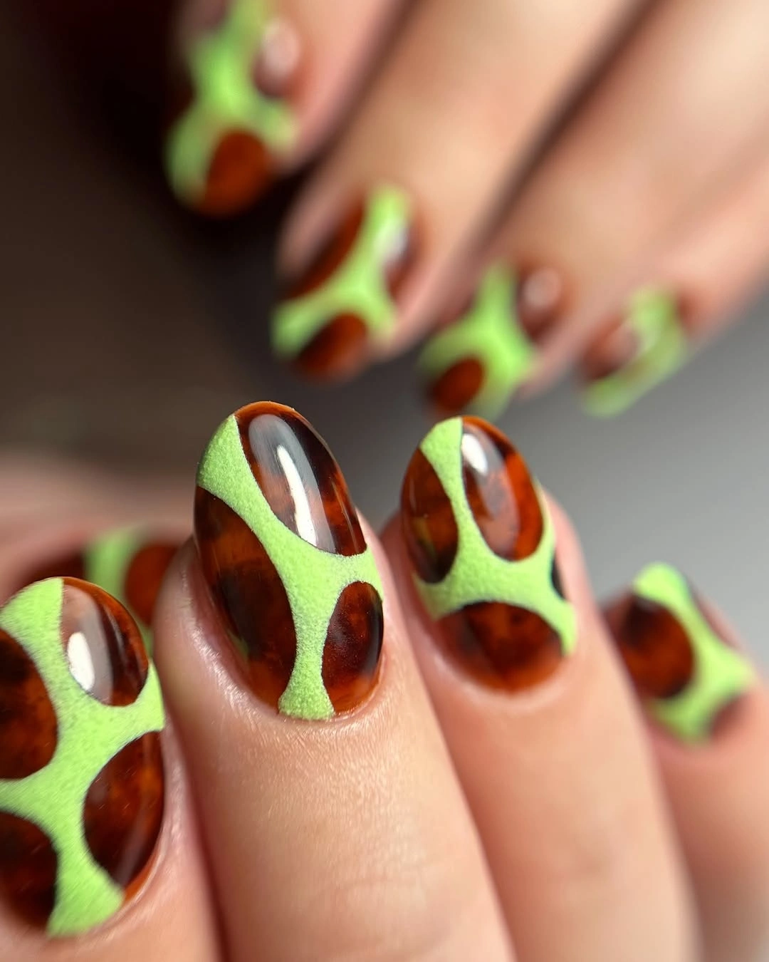 trendy fall dip nails 2026 chocolate brown lime green geometric manicure