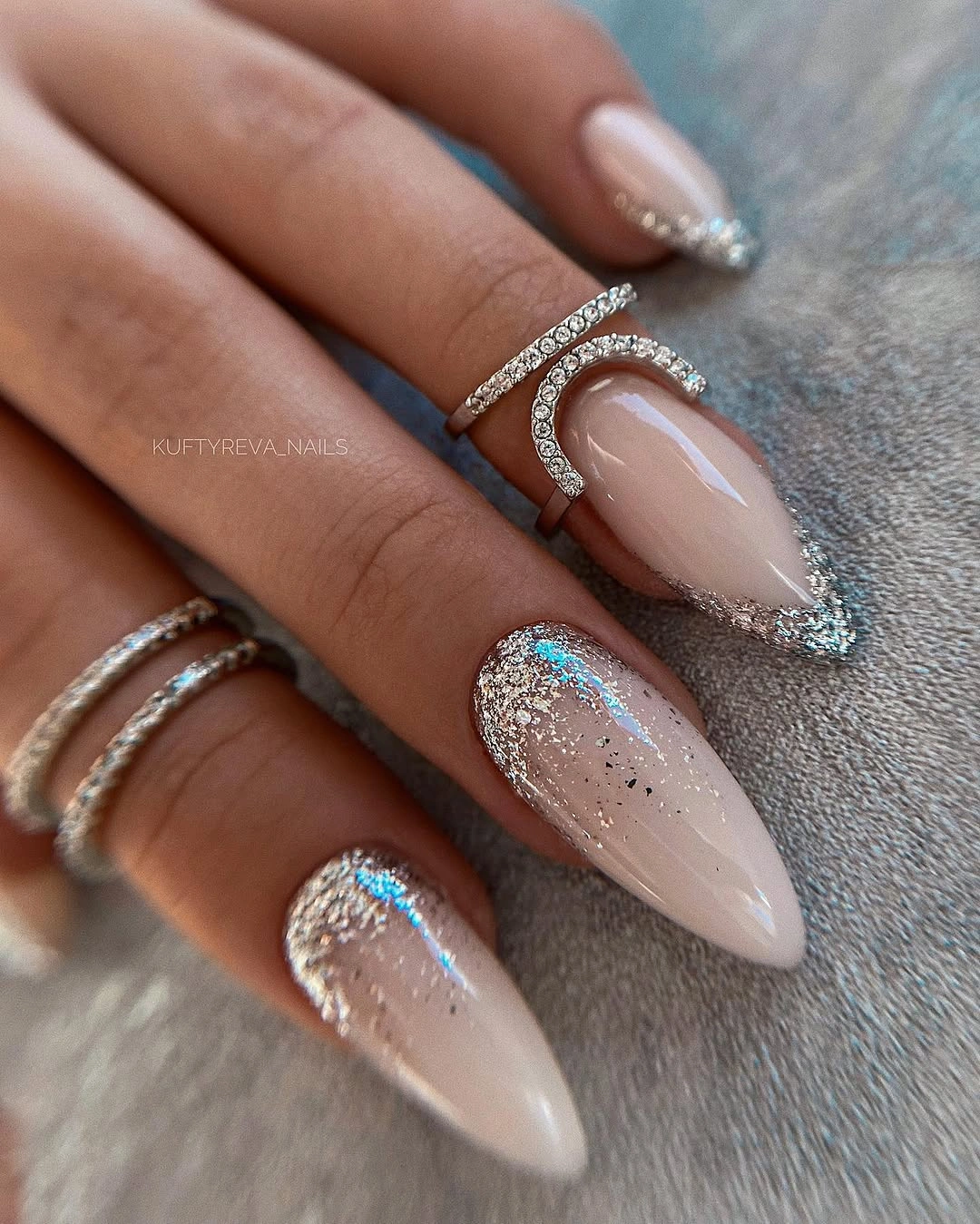 trendy fall dip nails 2026 silver glitter nude almond manicure
