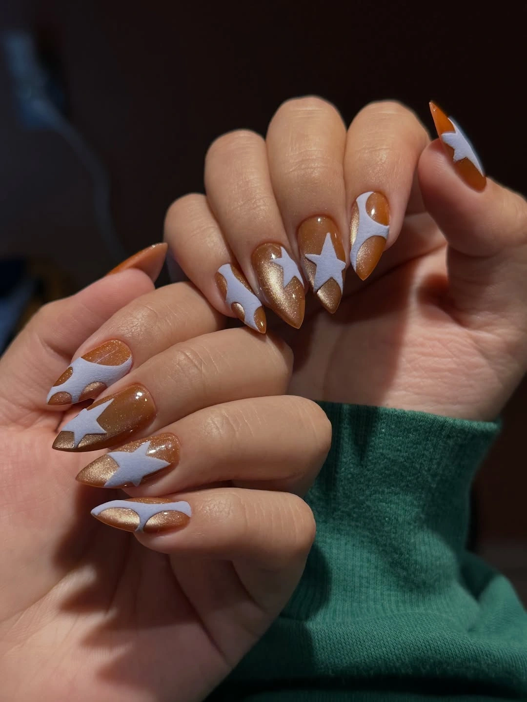 trendy fall dip nails 2026 caramel brown white star almond nails
