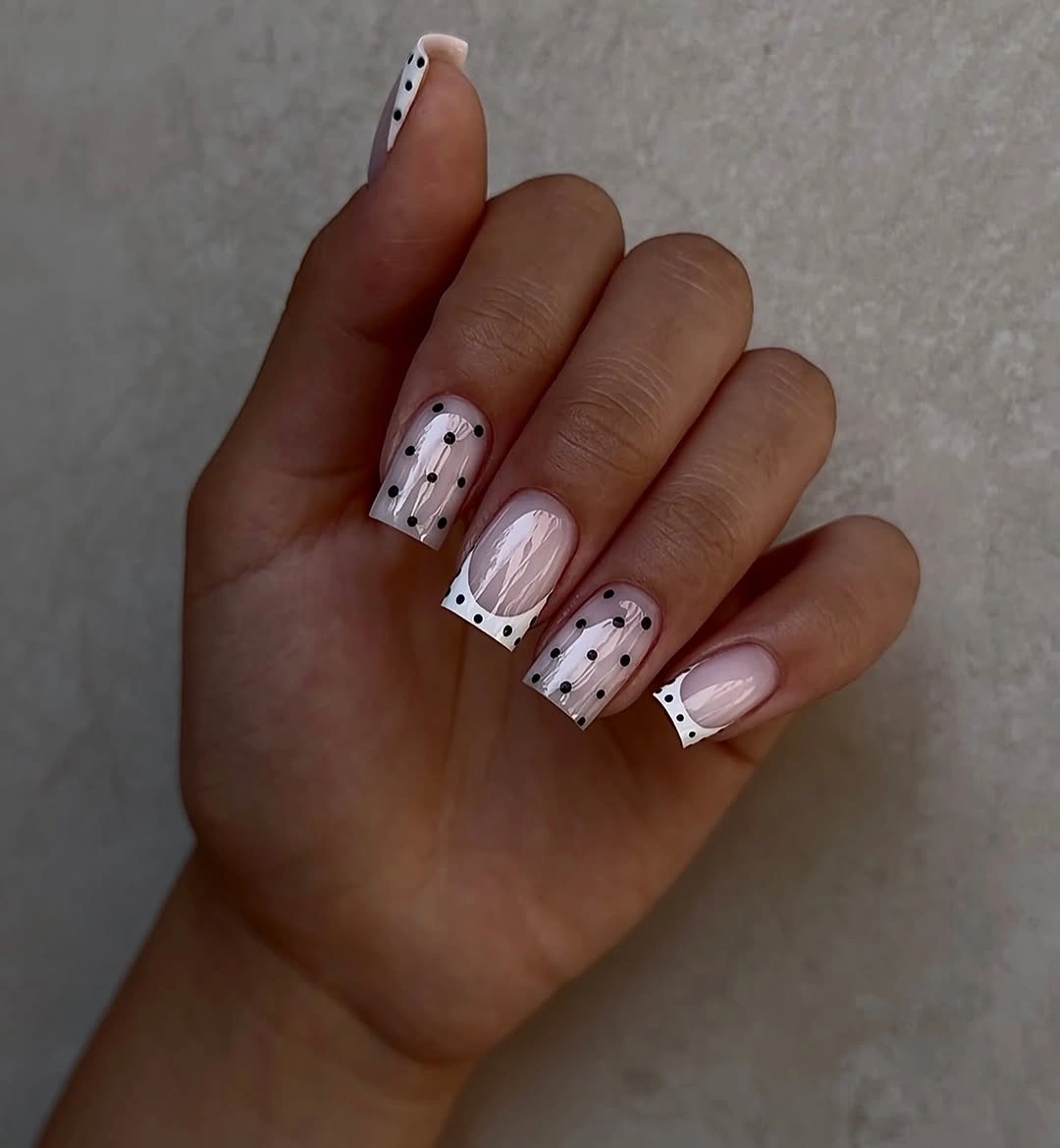 trendy fall french nails 2026 Polka Dot French with Minimalist Charm