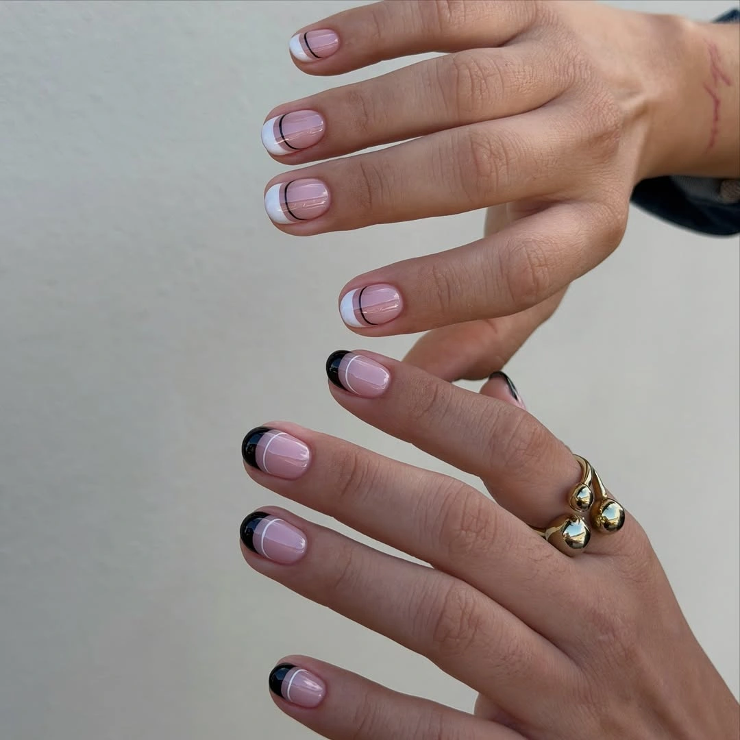 trendy fall french nails 2026 Modern Black Outline French for Minimalist Fall Style
