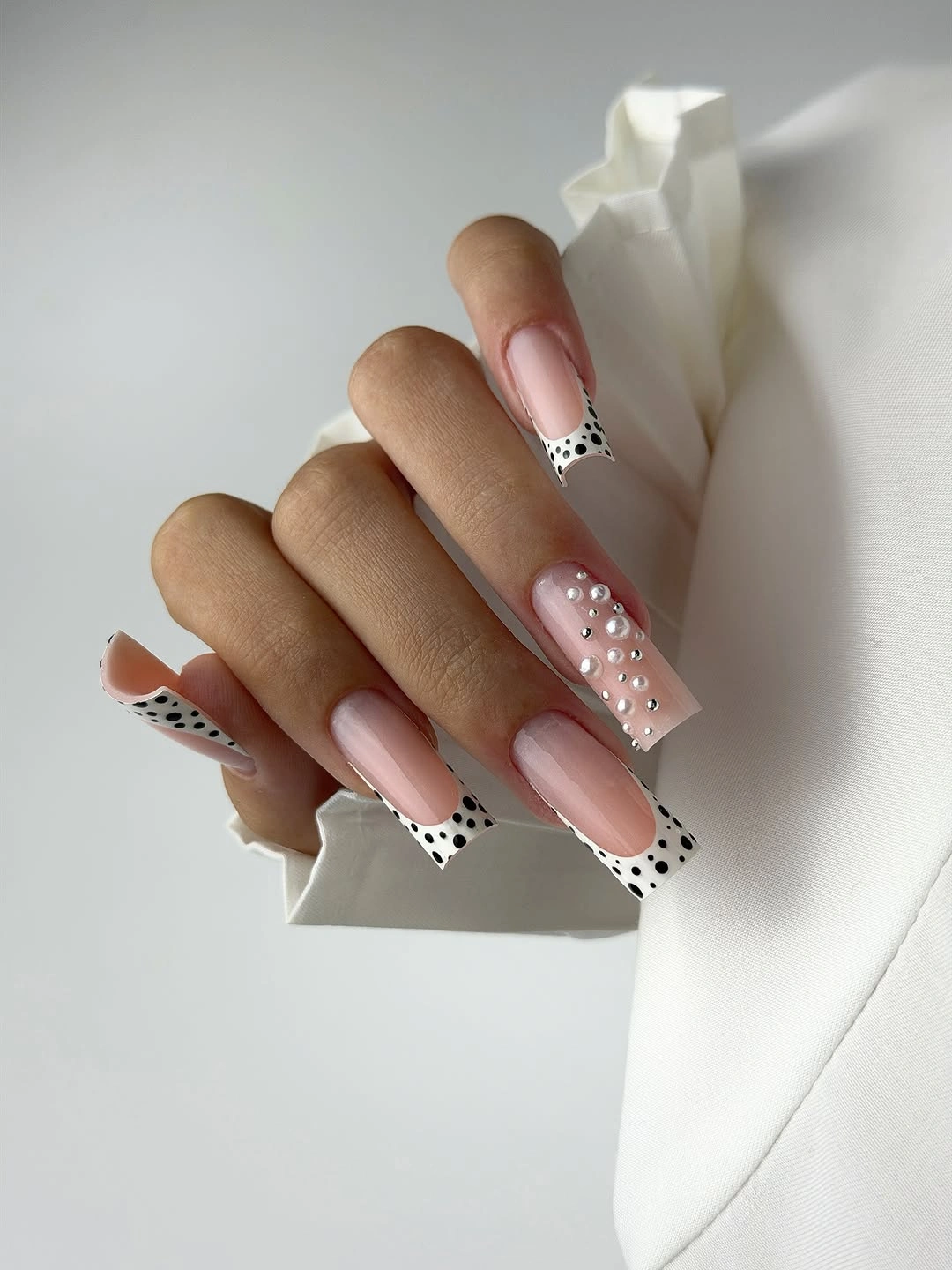 trendy fall french nails 2026 Polka Dot French Nails with Chic Pearl Nail Art