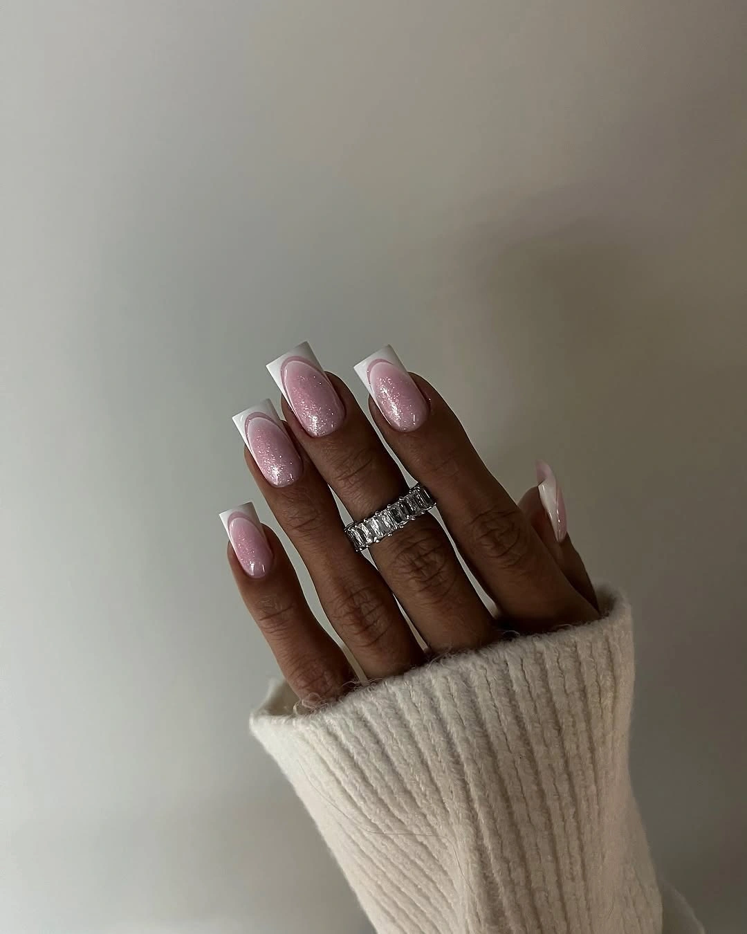 trendy fall french nails 2026 Glossy Square French with Soft Pink Shimmer