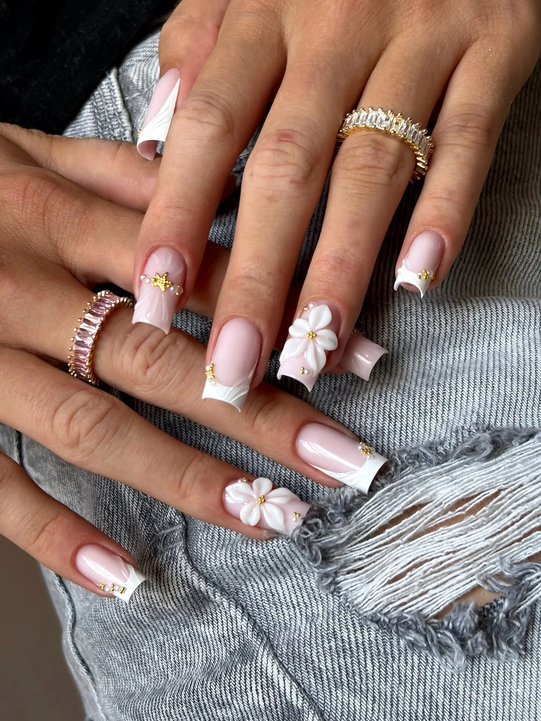 trendy fall french nails 2026 Elegant Floral French Nails with Gold Details