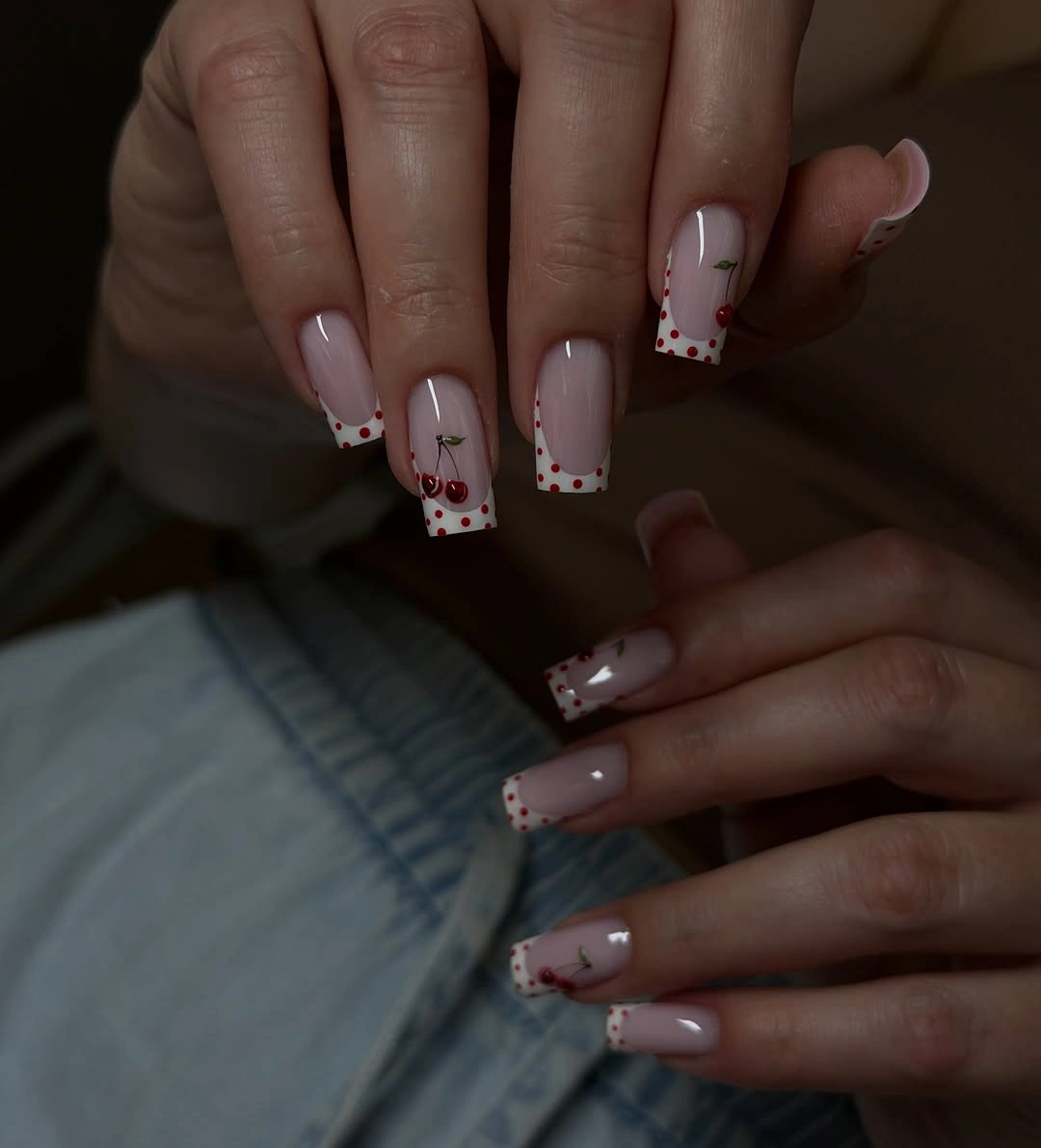 trendy fall french nails 2026 Cherry French Tips with Playful Polka Dots