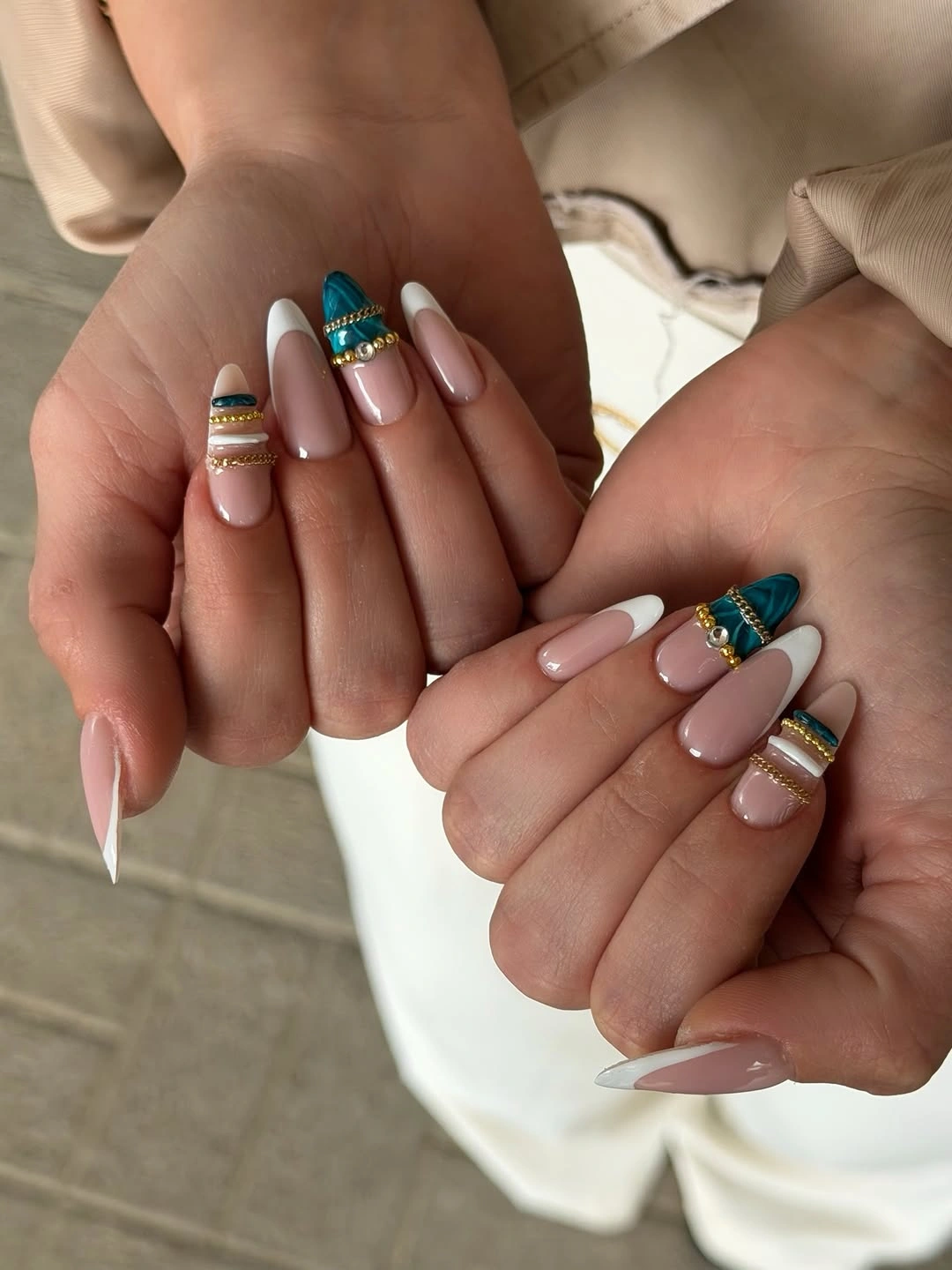 trendy fall french nails 2026 Turquoise Stone French Nails with Jewelry Details