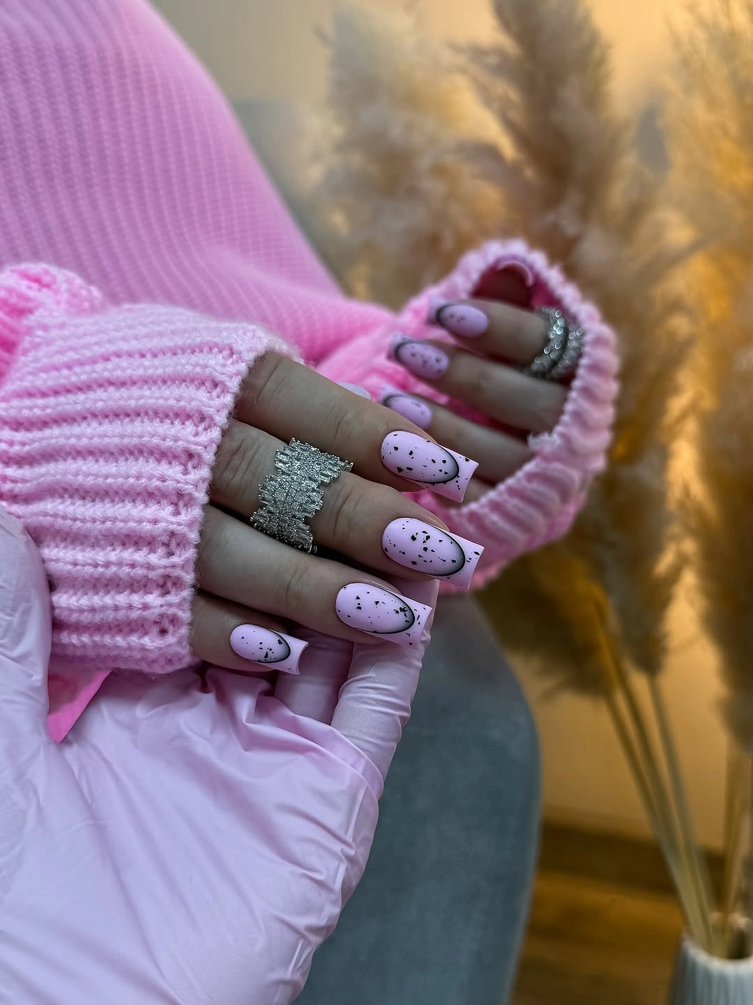 trendy fall french nails 2026 Pink French with Speckled Modern Art