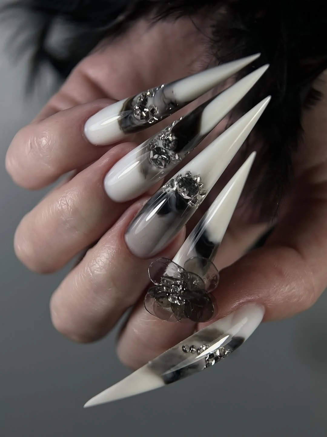 trendy fall nails for fair skin tone - winter white stiletto nails with crystal details