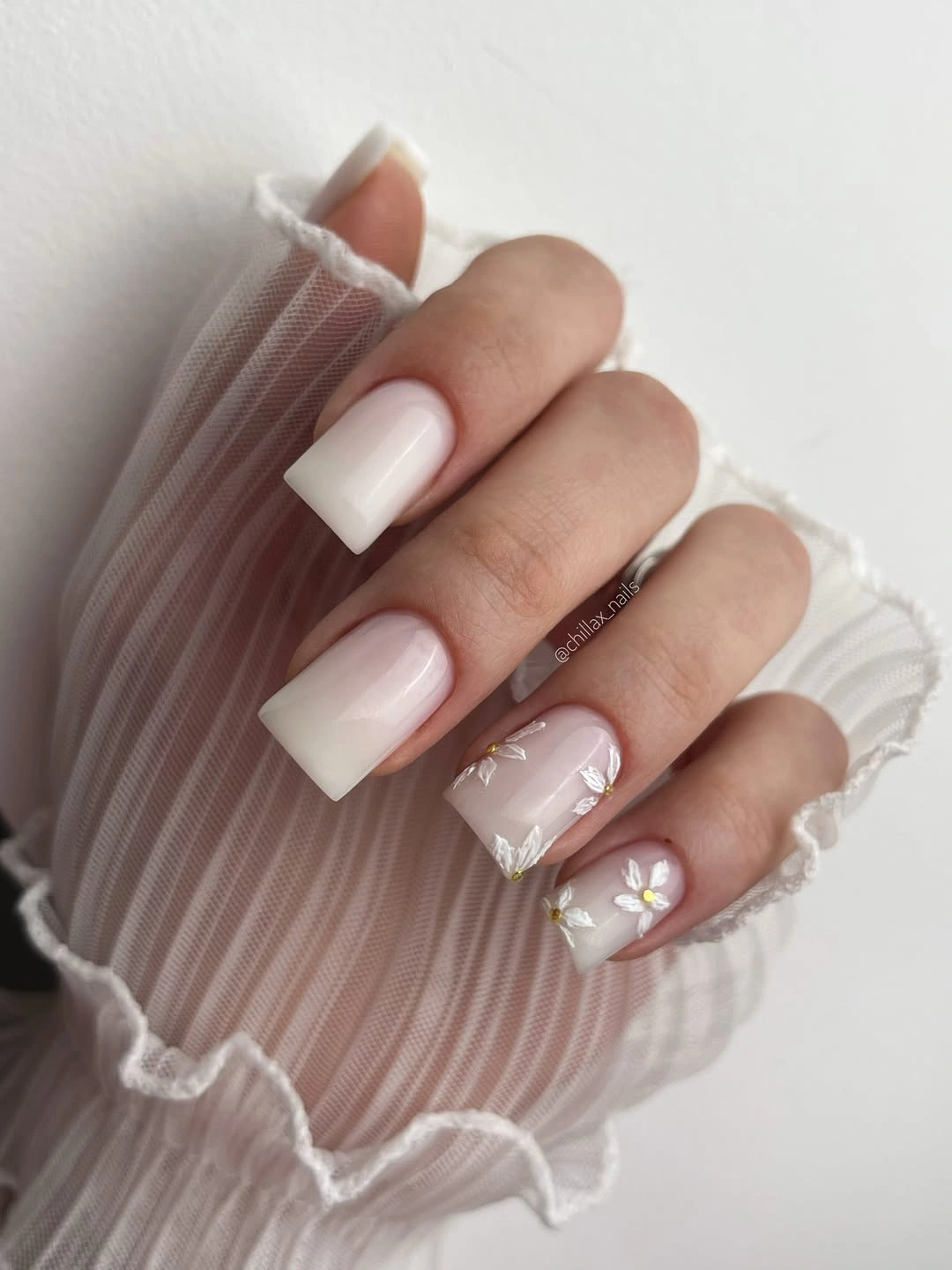 trendy fall nails for fair skin tone - milky white nails with delicate floral art