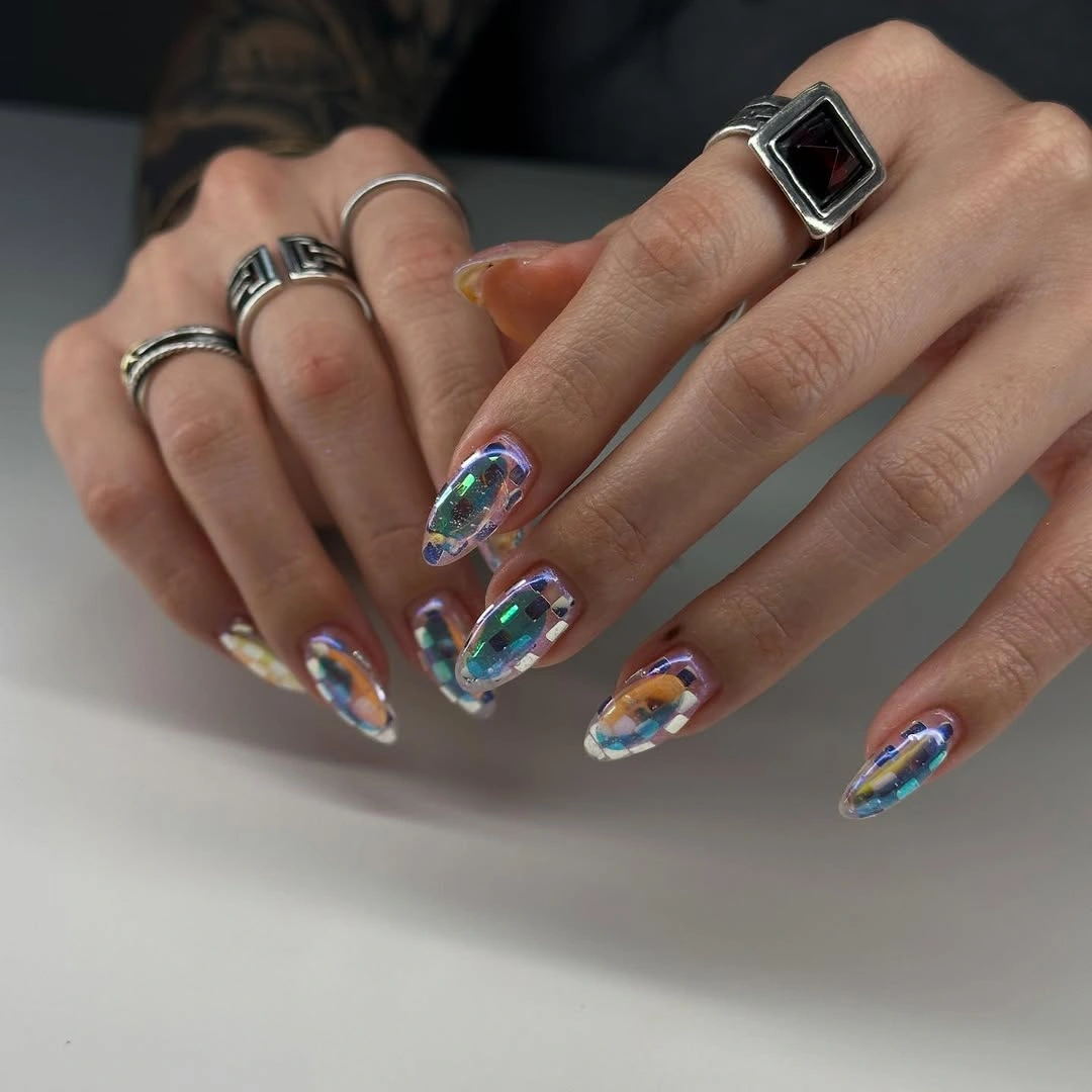 trendy fall nails for olive skin tone 2026 teal blue jelly mosaic nail art