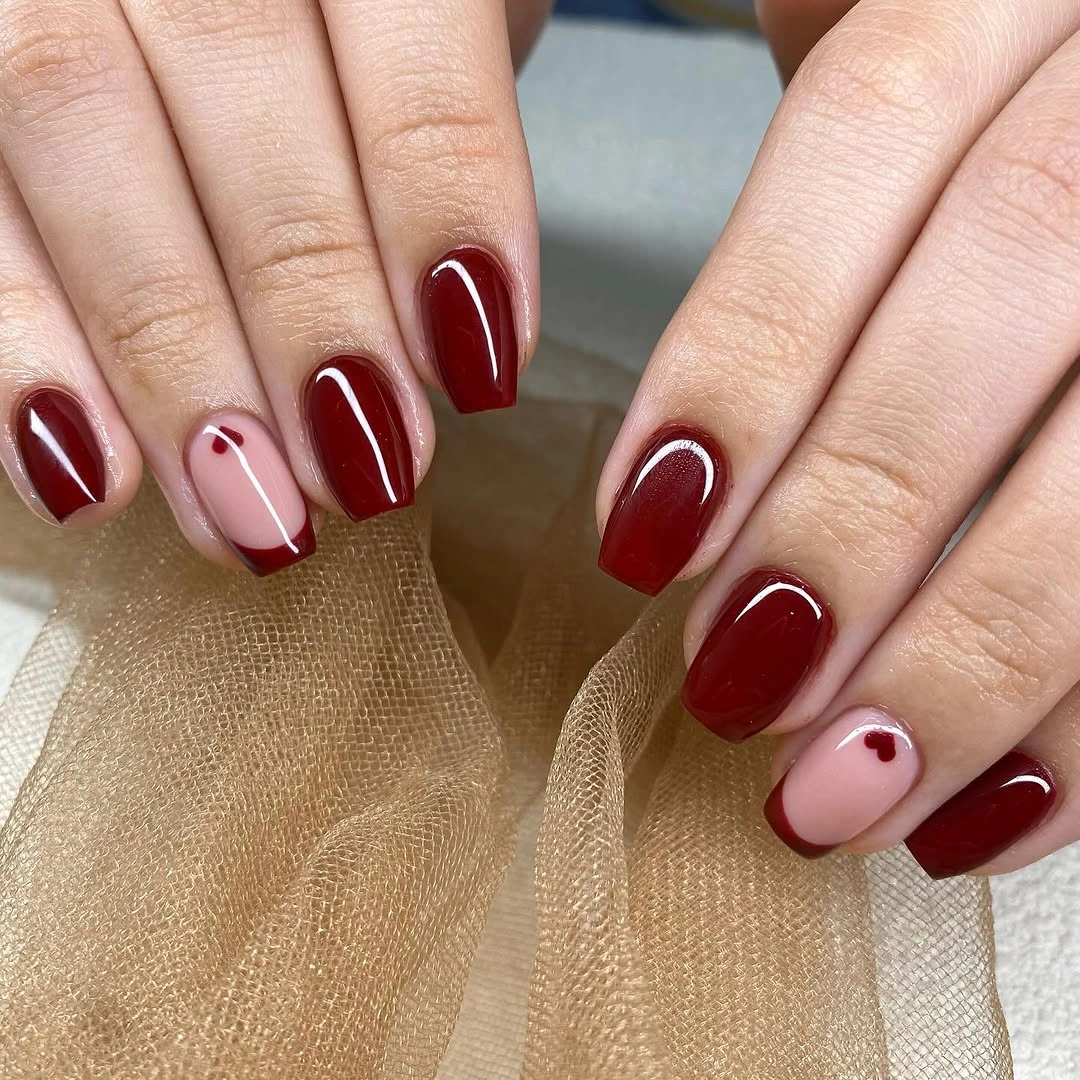 trendy fall short coffin nails designs glossy burgundy short coffin manicure with heart detail