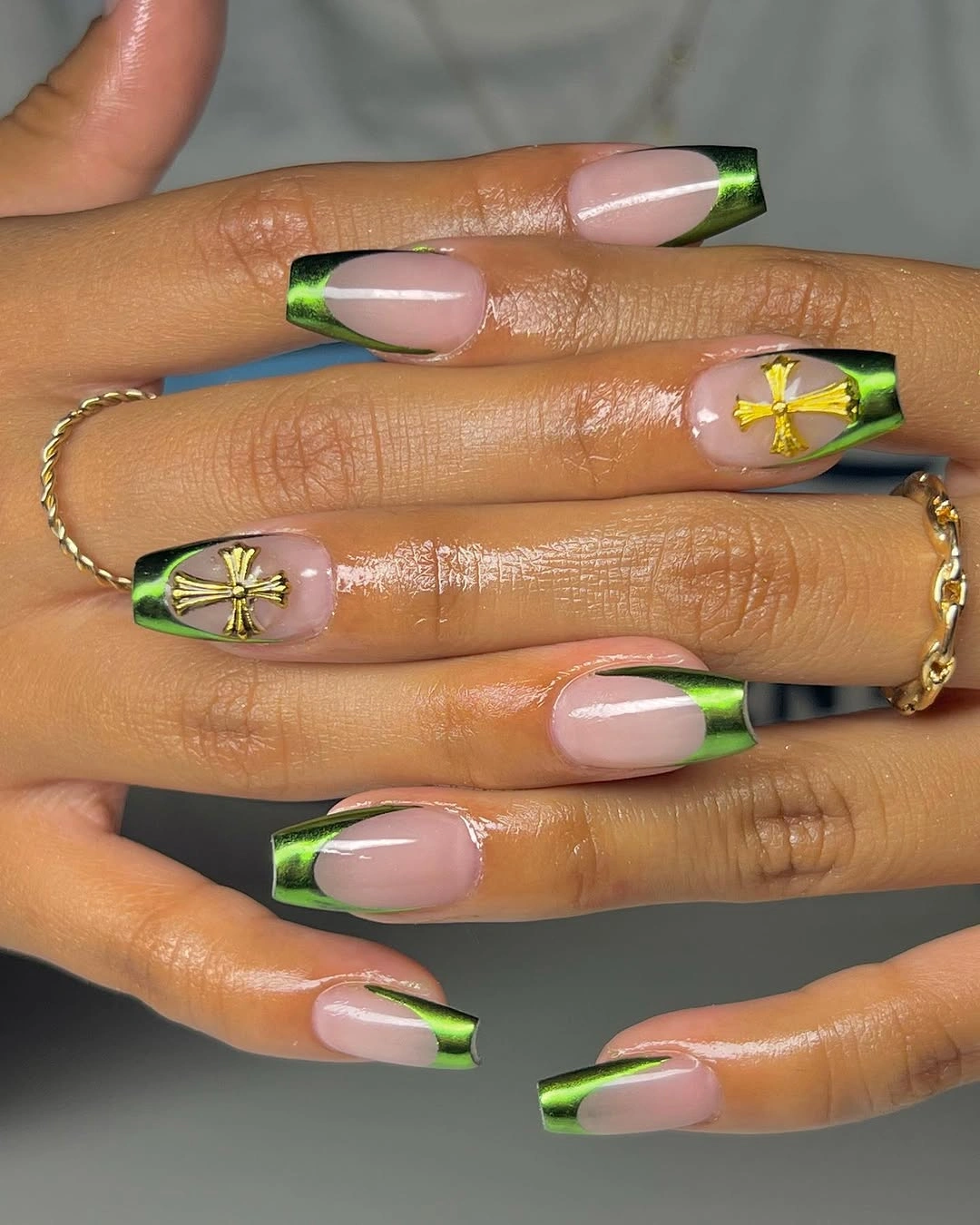 trendy fall short coffin nails designs emerald green French tips with gold details