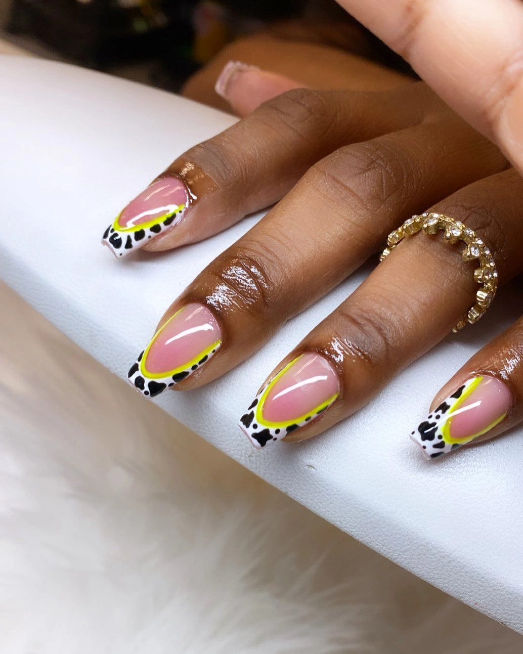 Trendy fall short coffin nails designs Playful Pink and Neon Yellow Cow Print French Tips