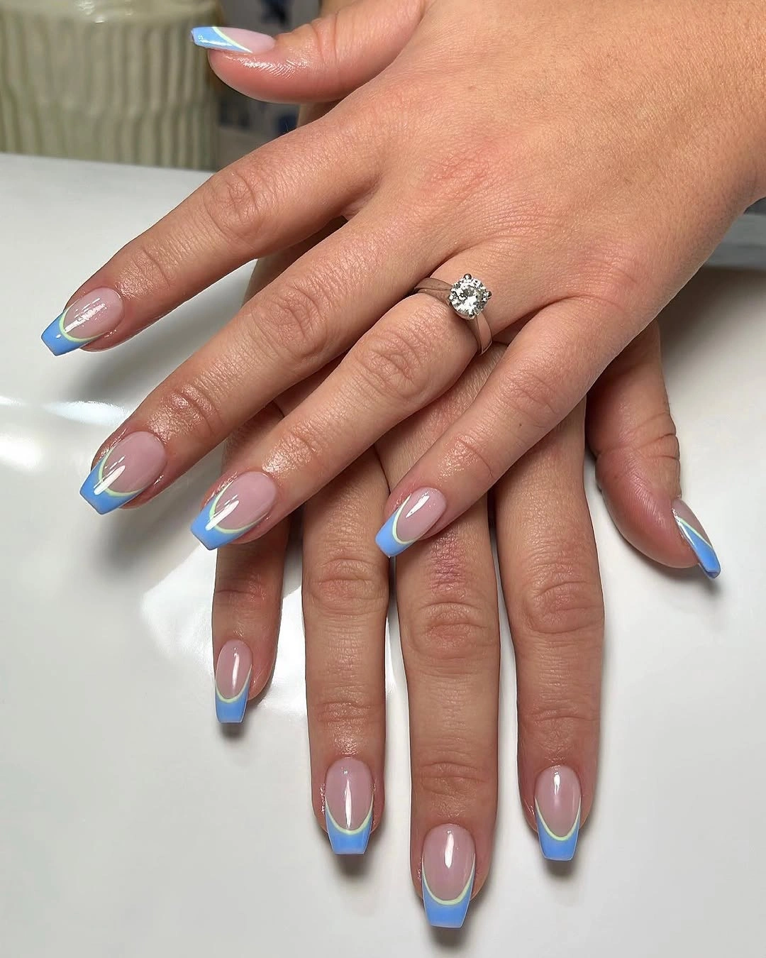 Trendy fall short coffin nails designs Soft Blue French Tips With a Delicate Green Accent