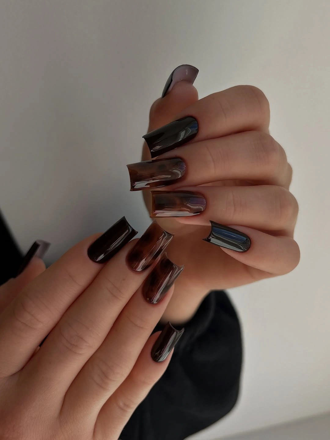 Trendy fall short coffin nails designs Glossy Espresso Chrome for a Darker Fall Mood