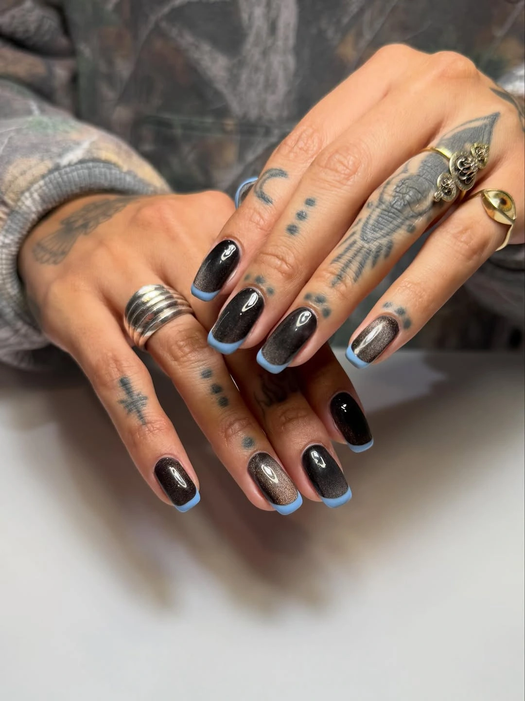 Trendy fall short coffin nails designs Black Cat Eye With Cool Blue French Tips