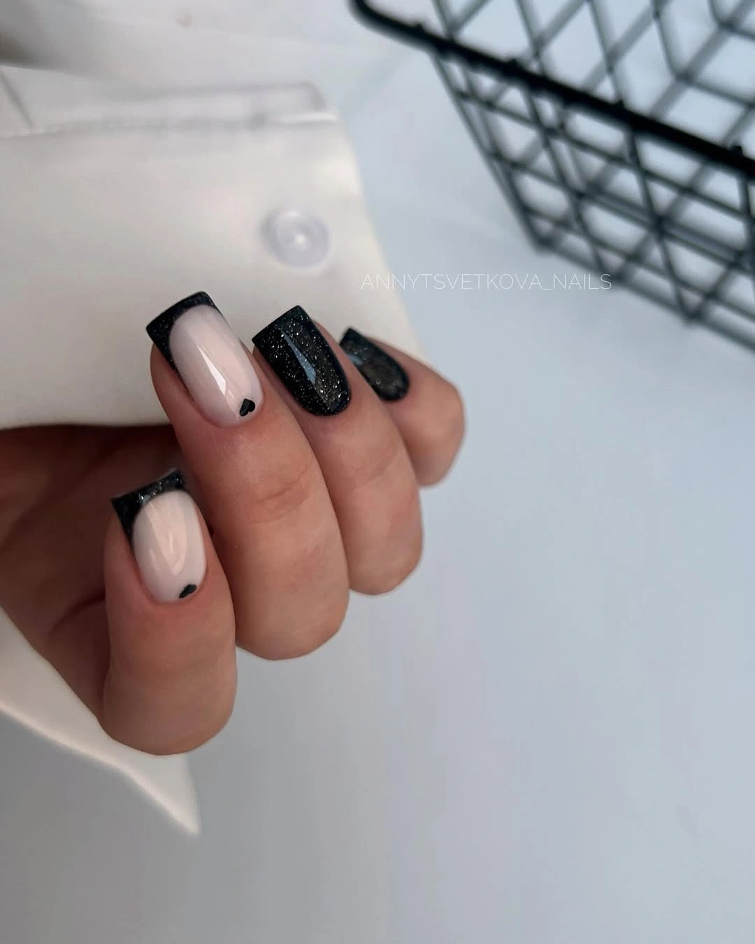 Trendy fall short coffin nails designs Black Glitter French Tips With a Tiny Heart Detail