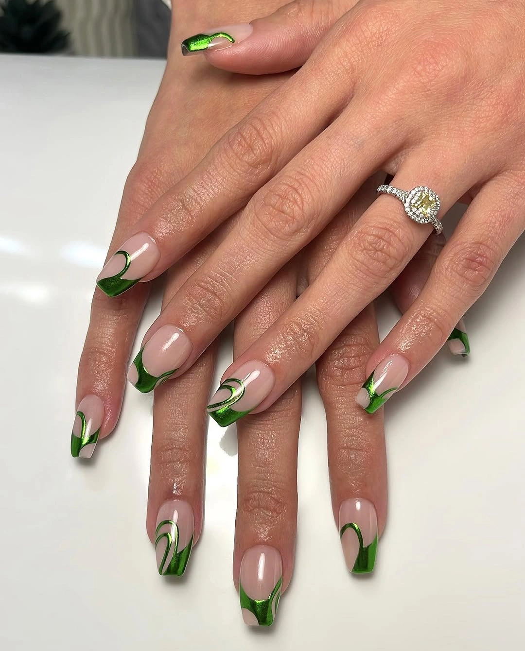 trendy fall short coffin nails designs olive green French tips with metallic swirls