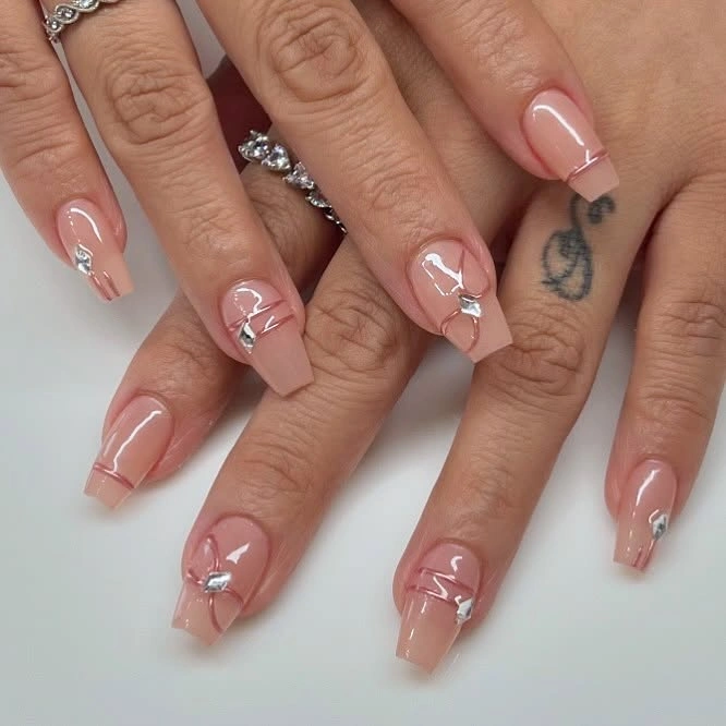 trendy fall short coffin nails designs blush pink short coffin nails with crystal bow details