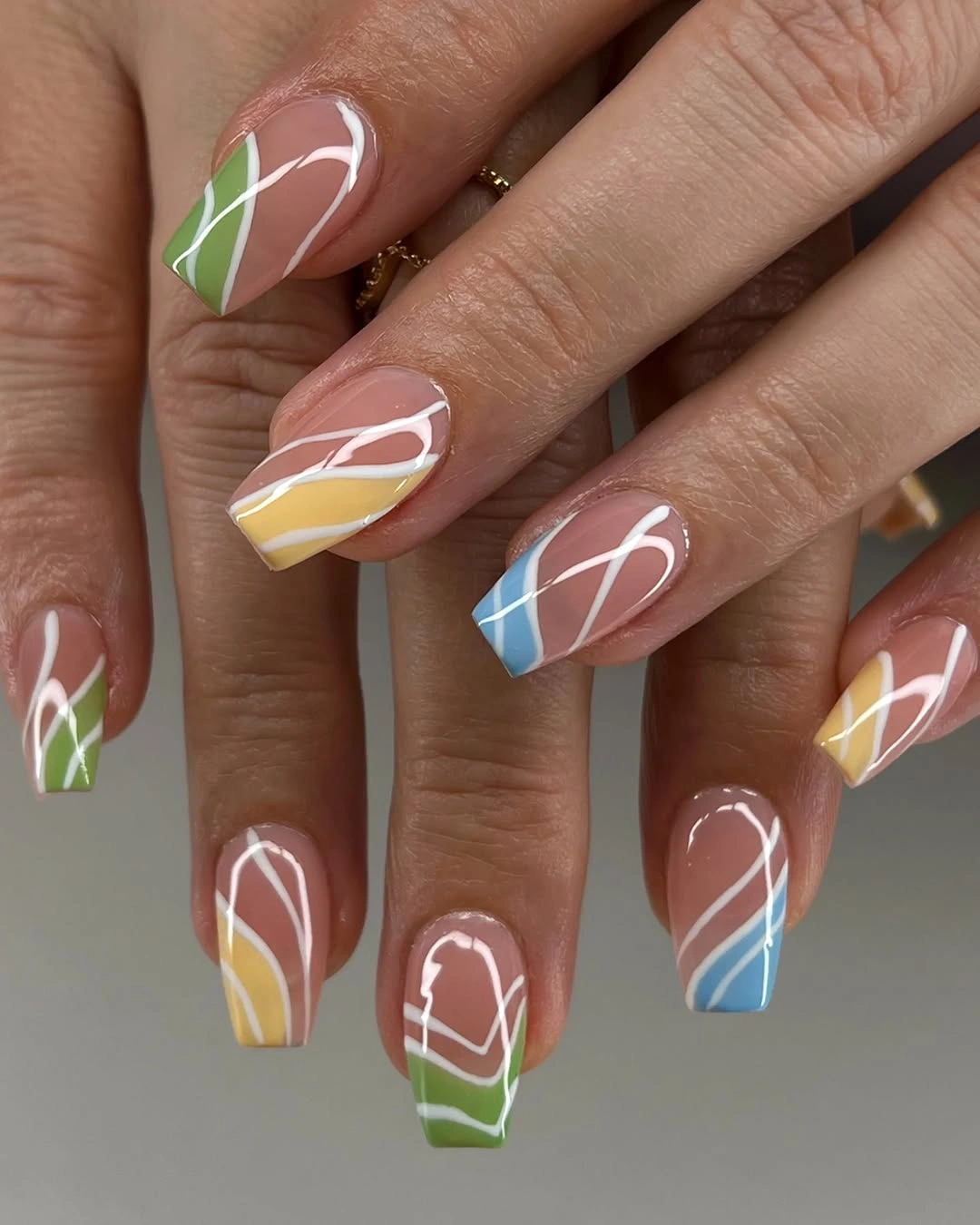 trendy fall short coffin nails designs pastel blue yellow green French tips with white waves