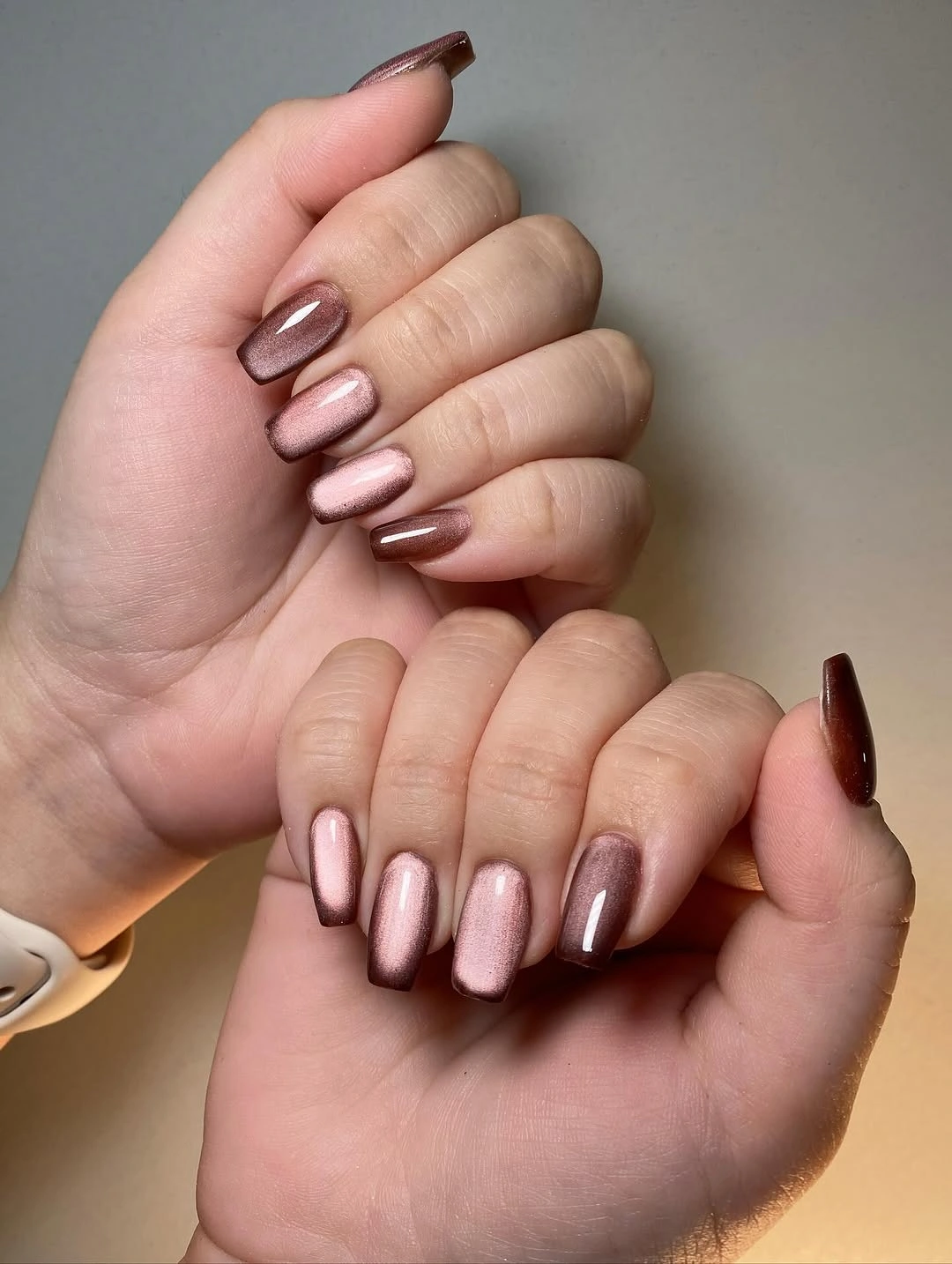 trendy fall short coffin nails designs chocolate brown cat eye short coffin nails