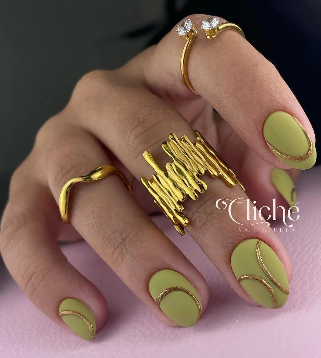 trendy matte fall nails design 2026 Matte Olive Nails With Sculptural Gold Accents
