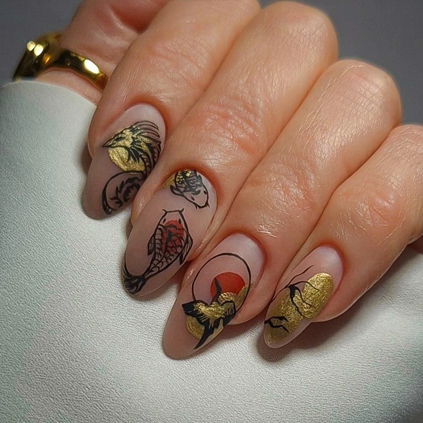 trendy matte fall nails design 2026 Autumn Botanical Nails With Gold and Vintage Details