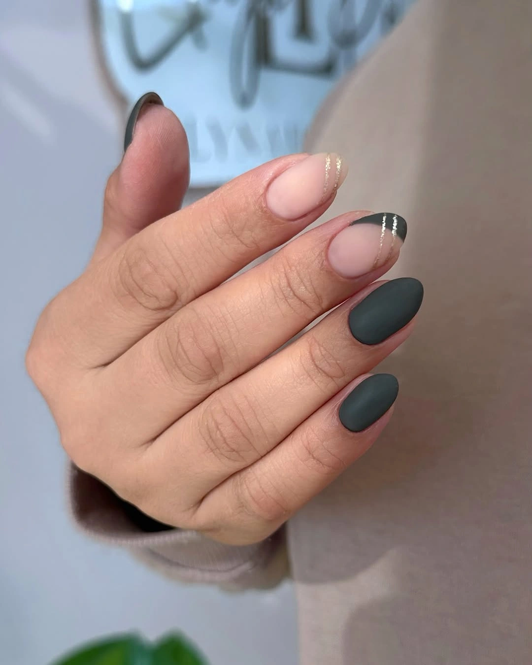 trendy matte fall nails design 2026 Charcoal Matte Nails With Minimal Gold French Tips