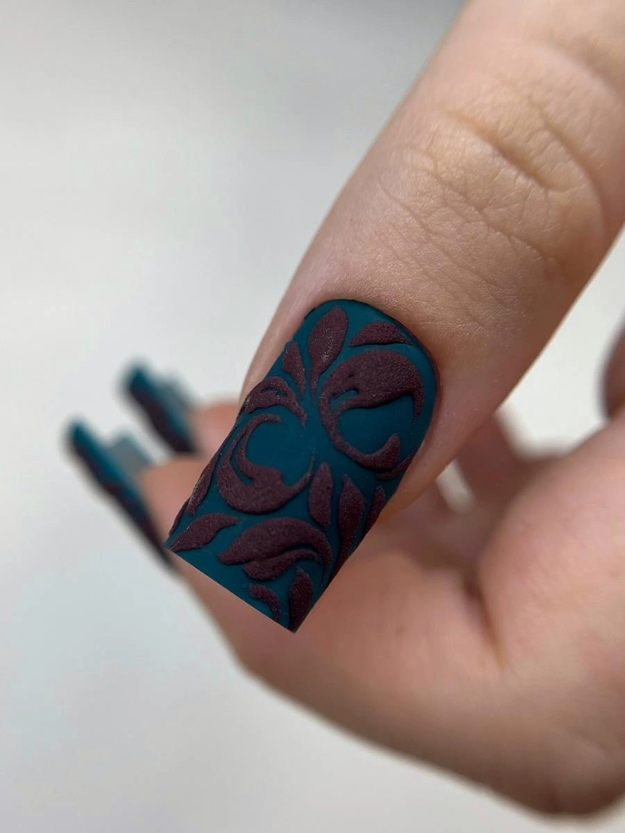 trendy matte fall nails design 2026 Deep Teal and Textured Burgundy Botanical Nails