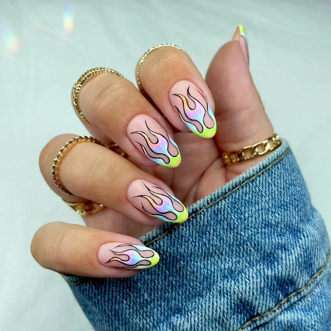 trendy matte fall nails design 2026 Matte Nude Almond Nails With Iridescent Flame Art