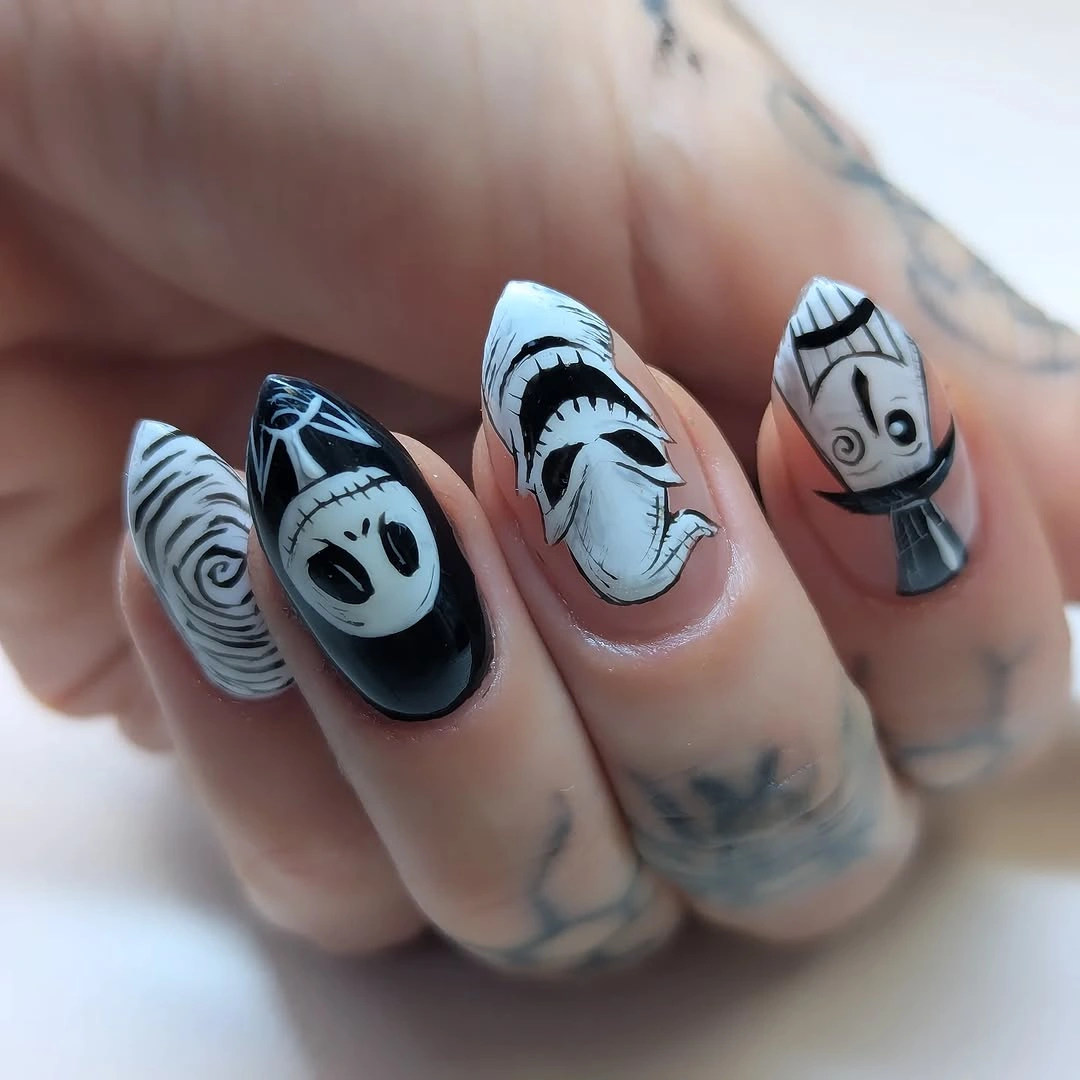 unique halloween nail art 2026 Black and White Gothic Character Nails