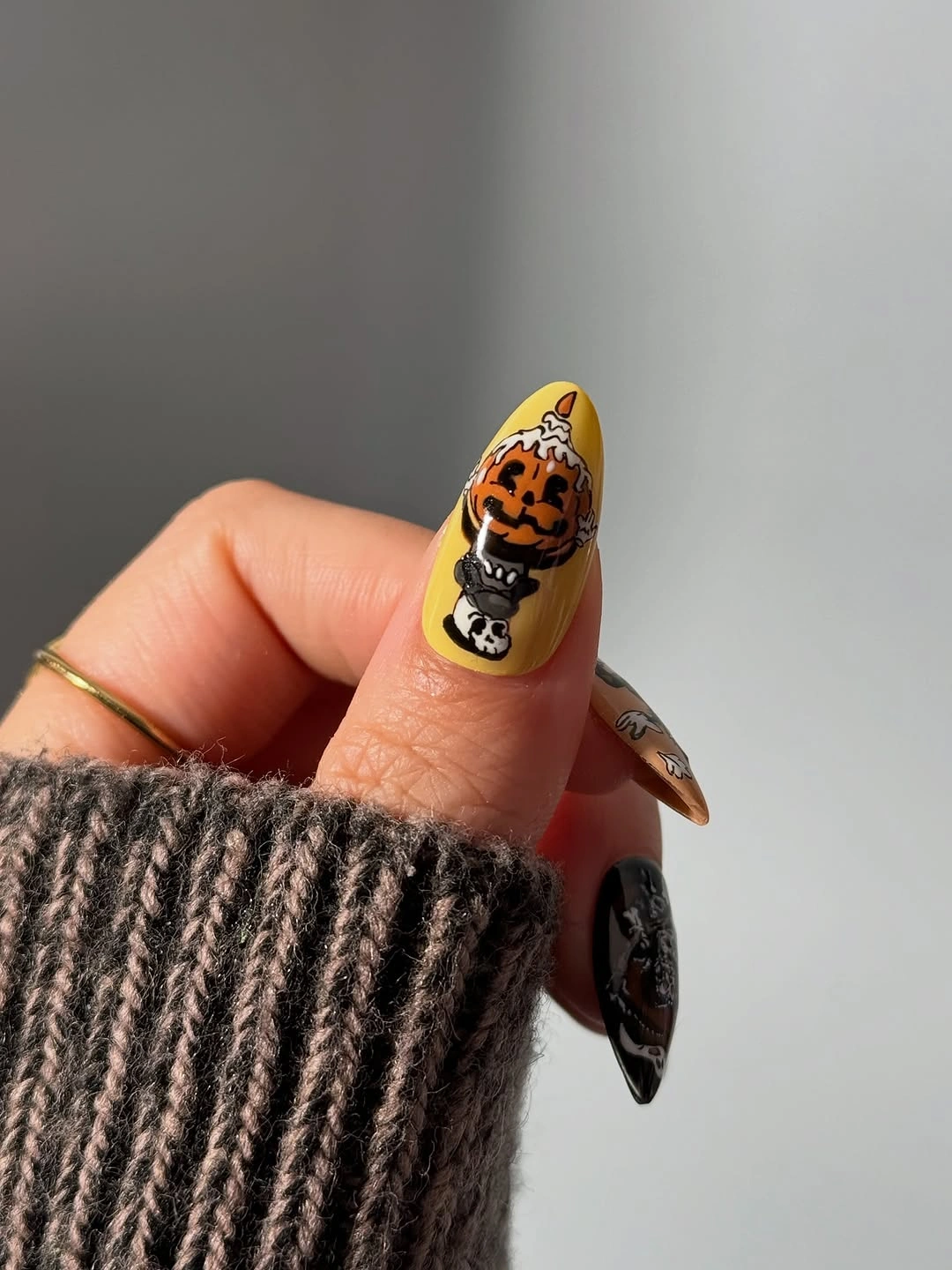 unique halloween nail art 2026 Cheerful Pumpkin Skeleton Halloween Nails