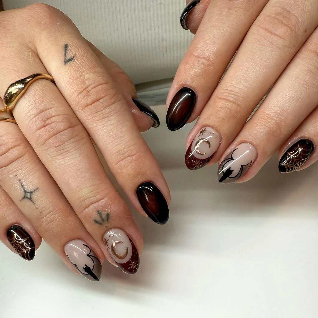 unique halloween nail art 2026 Moody Brown and Black Moonlit Nails