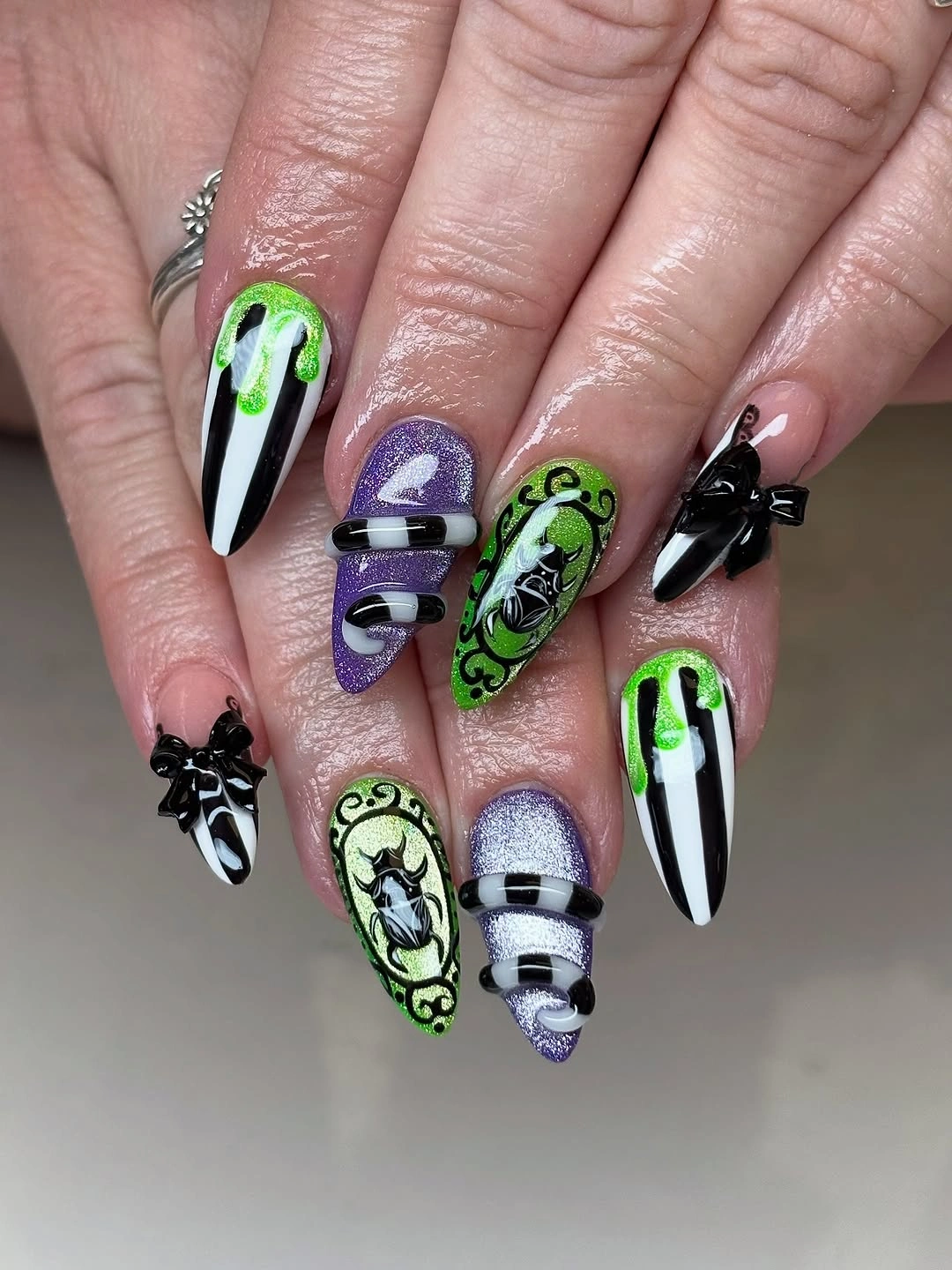 unique halloween nail art 2026 Electric Green and Purple Halloween Nails With 3D Details