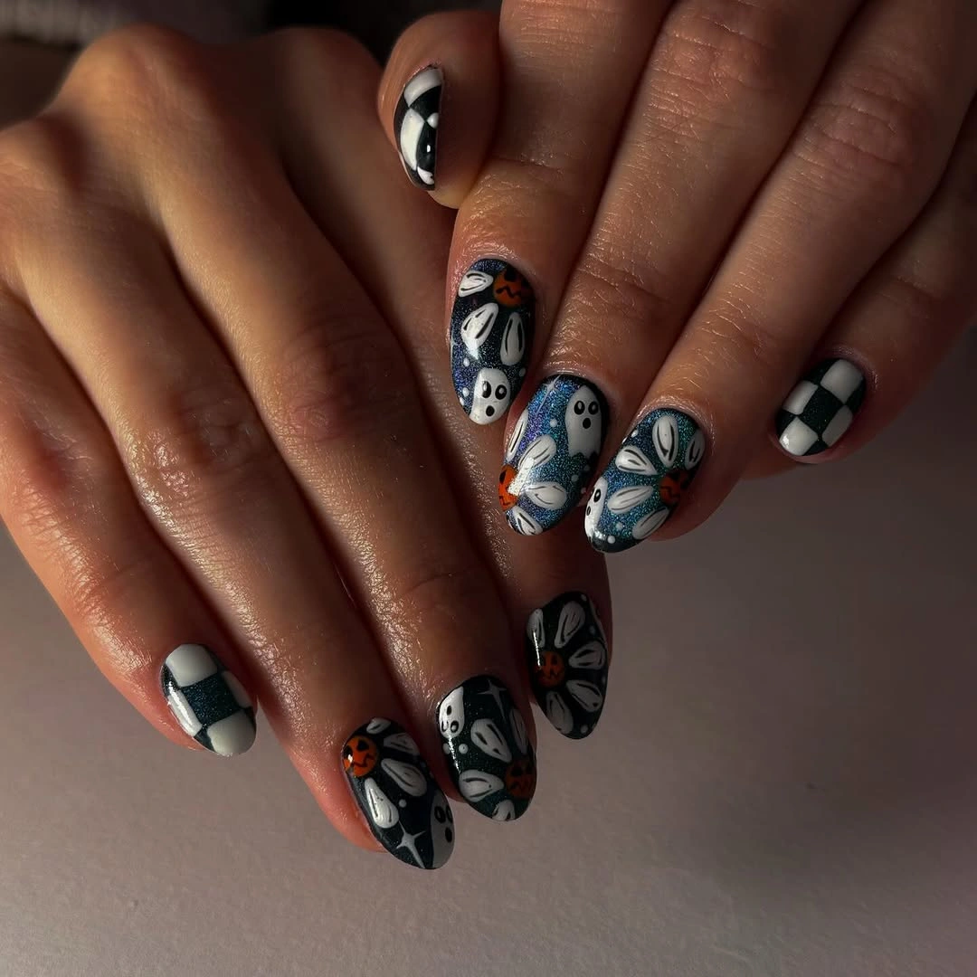 unique halloween nail art 2026 Dark Ghost Garden With Tiny Pumpkins