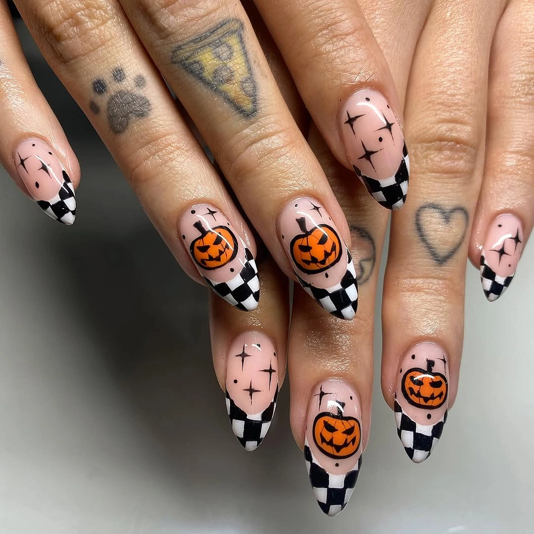 unique halloween nail art 2026 Pink Pumpkin Checkerboard Almond Nails